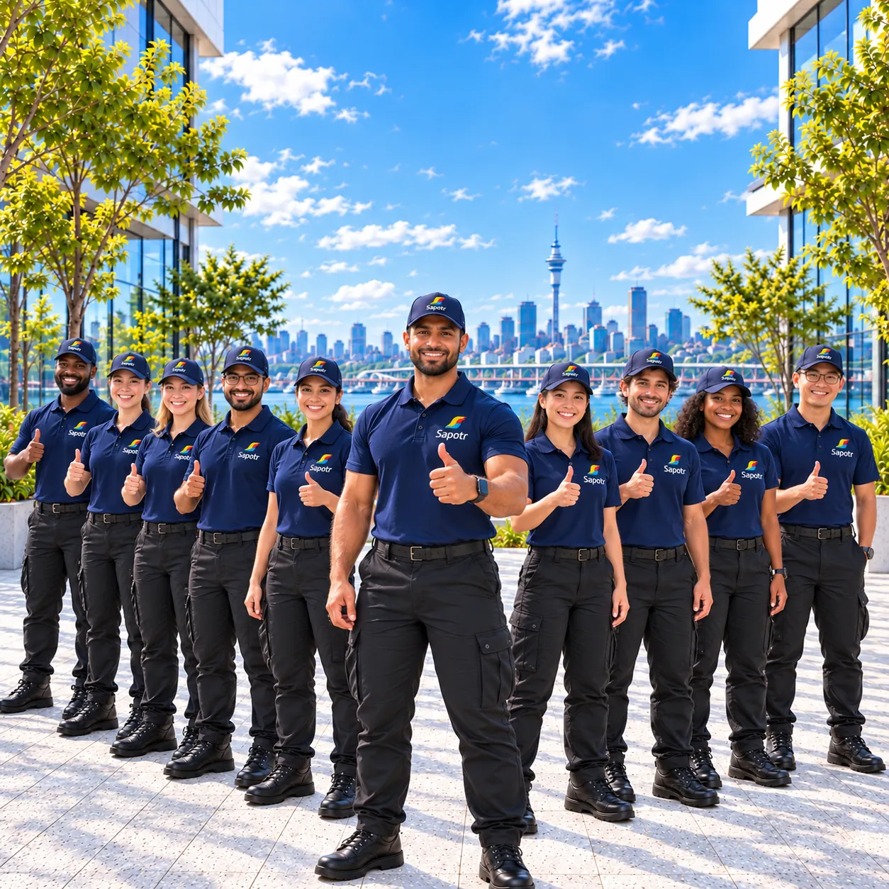 The SAPOTR team in navy SAPOTR caps and polos, giving a thumbs up in front of the Auckland skyline
