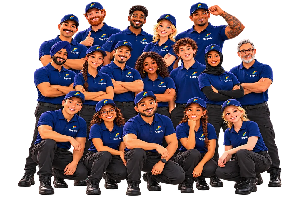 A team of smiling SAPOTRs of many backgrounds, all in navy SAPOTR caps and polos, the front row crouching