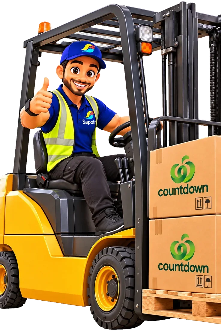 A SAPOTR in a hi-vis vest giving a thumbs up from a forklift carrying boxes