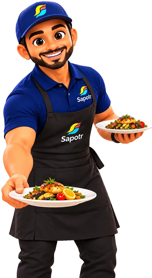 A SAPOTR in an apron serving two plates of food