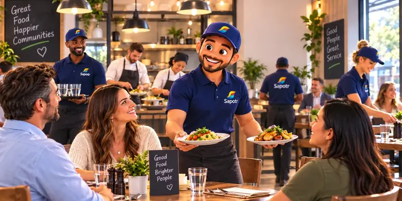 A SAPOTR serving plates to smiling diners in a busy café