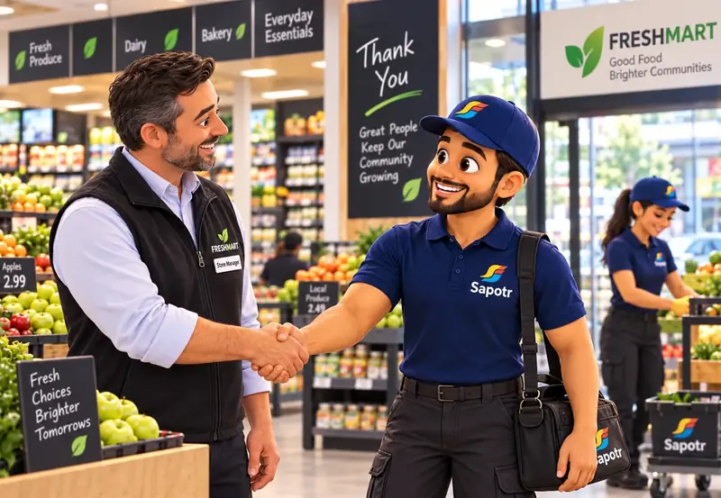 A SAPOTR shaking hands with a supermarket manager